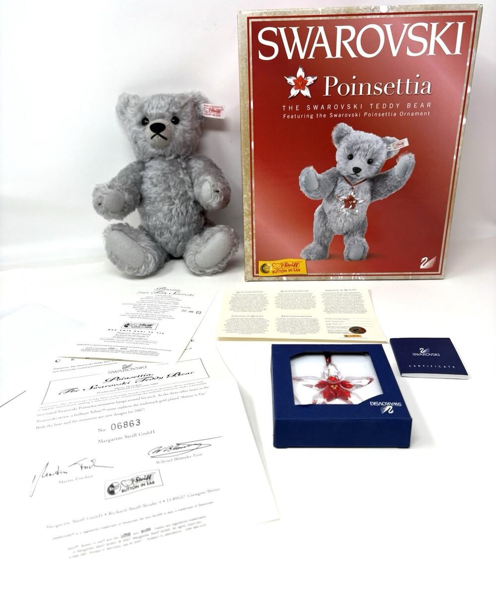 Steiff Poinsettia Teddy Bear Swarovski Ornament 2007 Mohair 10” Box Paperwrk Gry